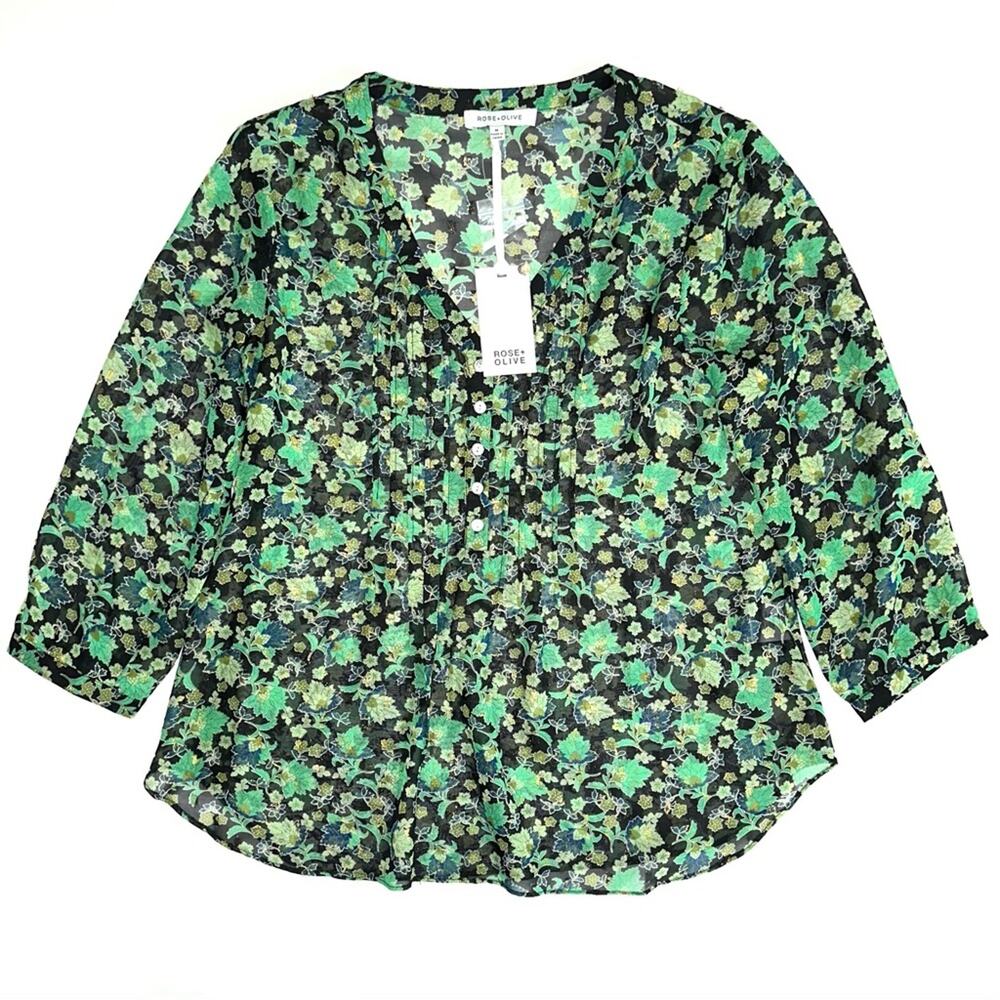NWT Rose & Olive Green Metallic Floral Blouse Size Medium